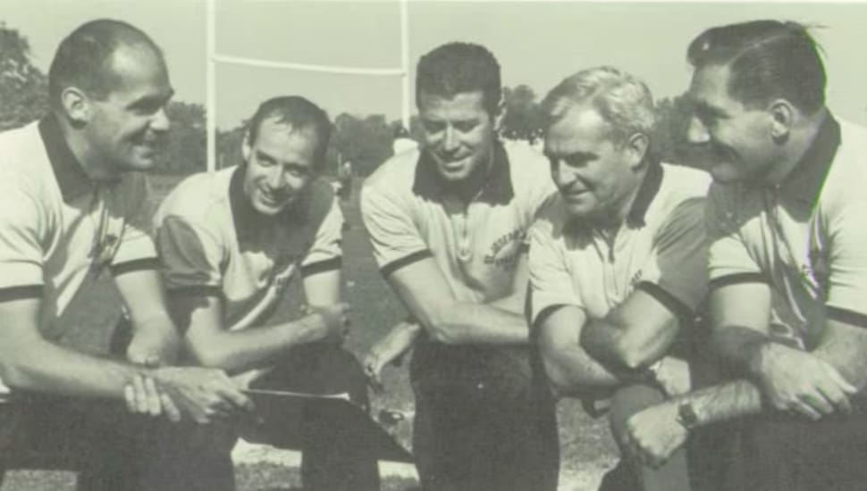 Bob Vincent (left) with his 1963 St. Joseph's Prep football coaches Richard Scanlan, Gerard McDonnell, Joe Tyrrell, and Billy Magee.