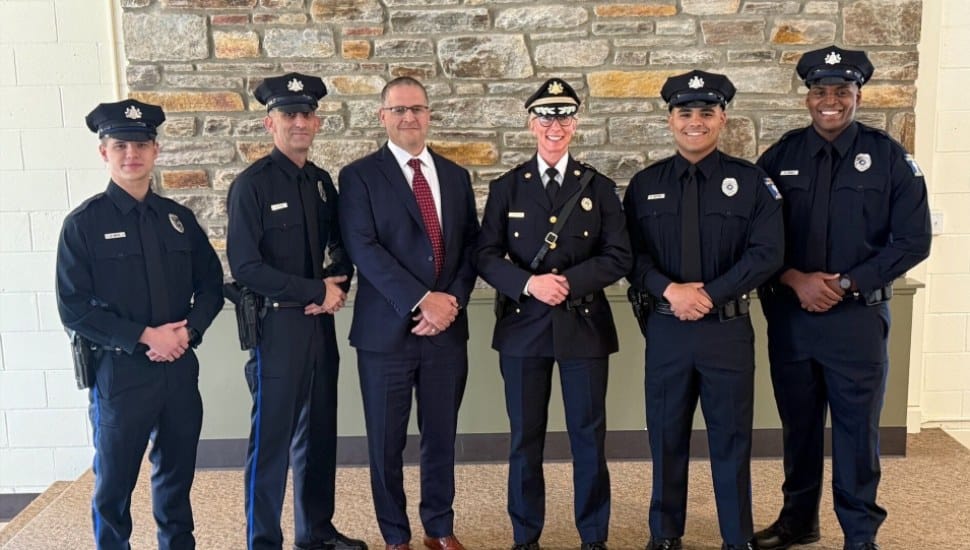 Temple University welcomes its newest police officers. Shown are (from left) new police officers Daniel White, Chris Feder, Deputy Police Chief Gaetano Sava, Police Chief Jennifer Griffin, and new Police Officers Kevin Santana and Ronald Prime.