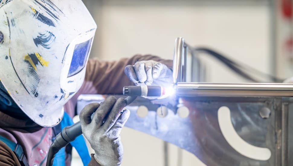 A closeup of a welder at work.