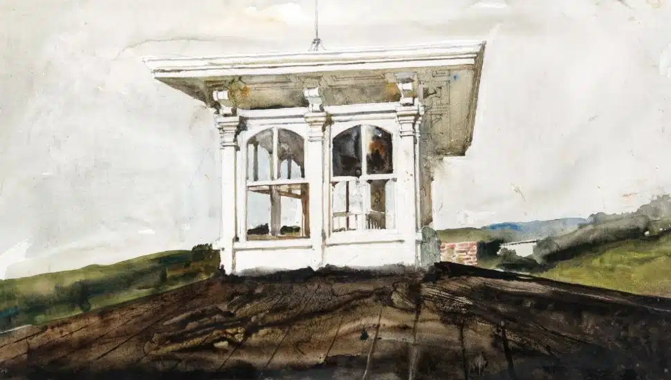 An exterior view of the cupola and roofline of Painter's Folly depicted in Widow's Walk Study, a 1990 painting by Andrew Wyeth.