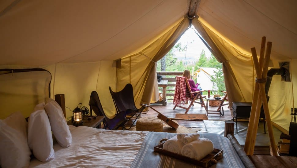 An interior look at a glamping tent.