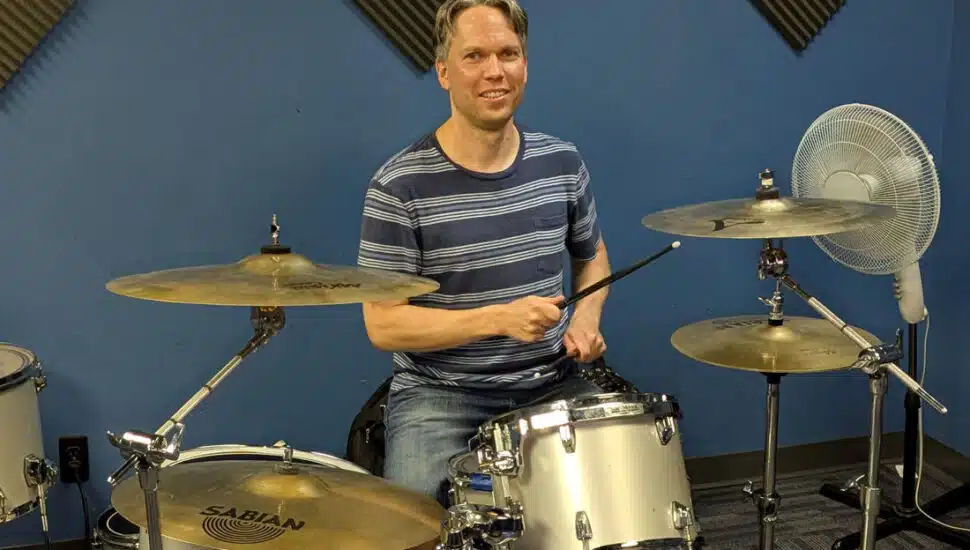 Michael Yatauro playing the drums. Michael Yatauro is an associate professor of mathematics at Penn State Brandywine.