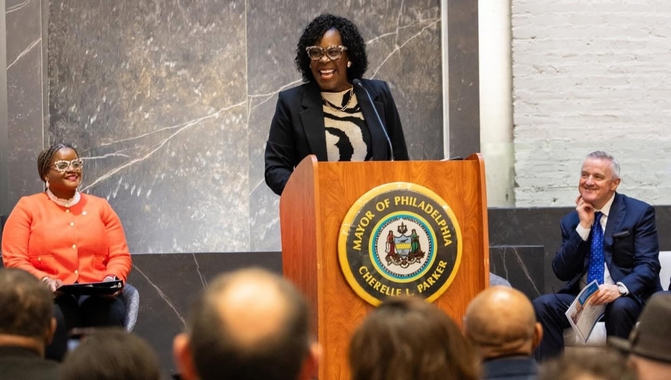 Mayor Cherelle Parker at a podium.