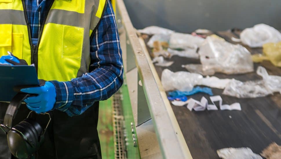A worker in a yellow vest works with debris at Clean Earth.