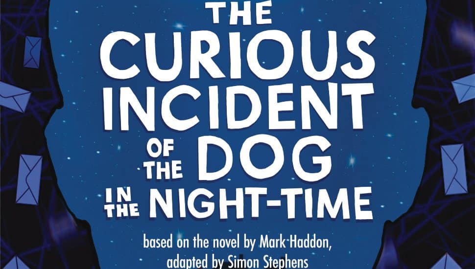 Promotional poster for Delaware County Community College’s production of The Curious Incident of the Dog in the Night-Time, featuring an illustrated dog under a night sky and event details for November 19–22, 2025.