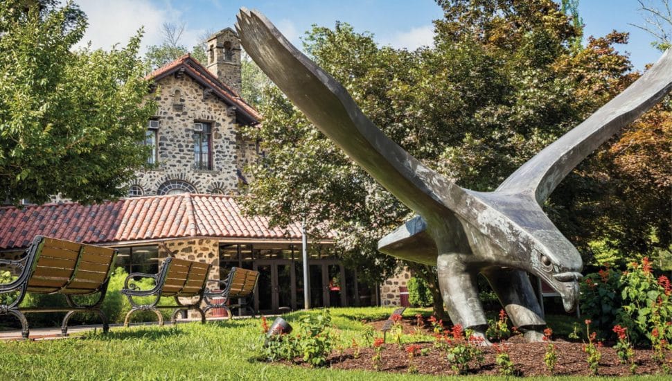 An Eastern University bird sculpture appears on the Radnor campus.
