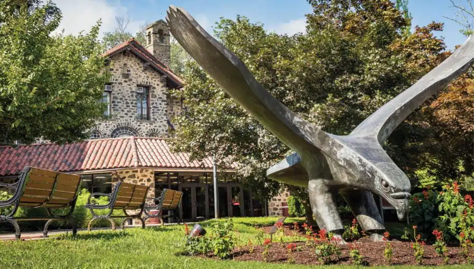 An Eastern University bird sculpture appears on the Radnor campus.