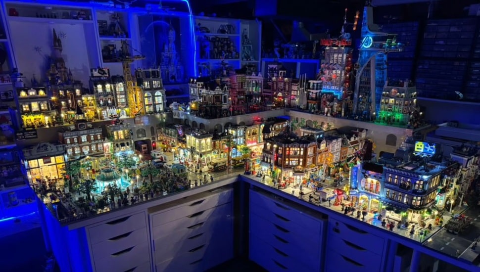 Evan Rubin's lego world lit up at night.