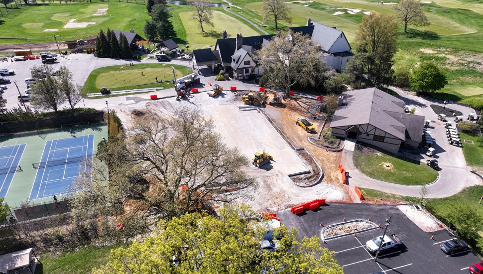 An aerial view of the Llanerch Country Club with visible construction work underway.