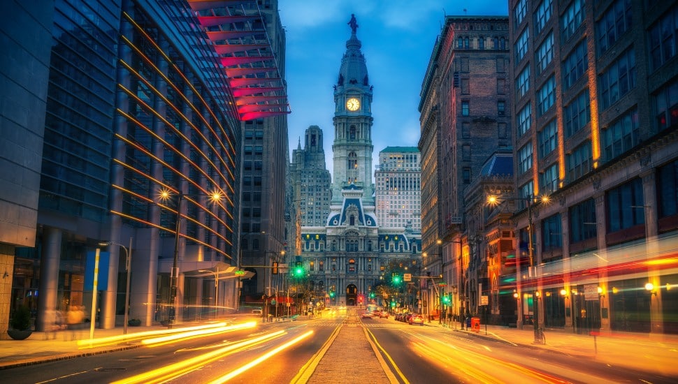 A nighttime view looking toward Philadelphia City Hall.