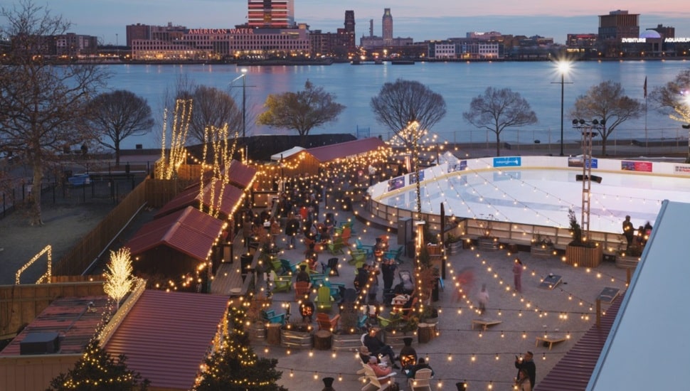 Aerial view of winterfest with ice skating rink.
