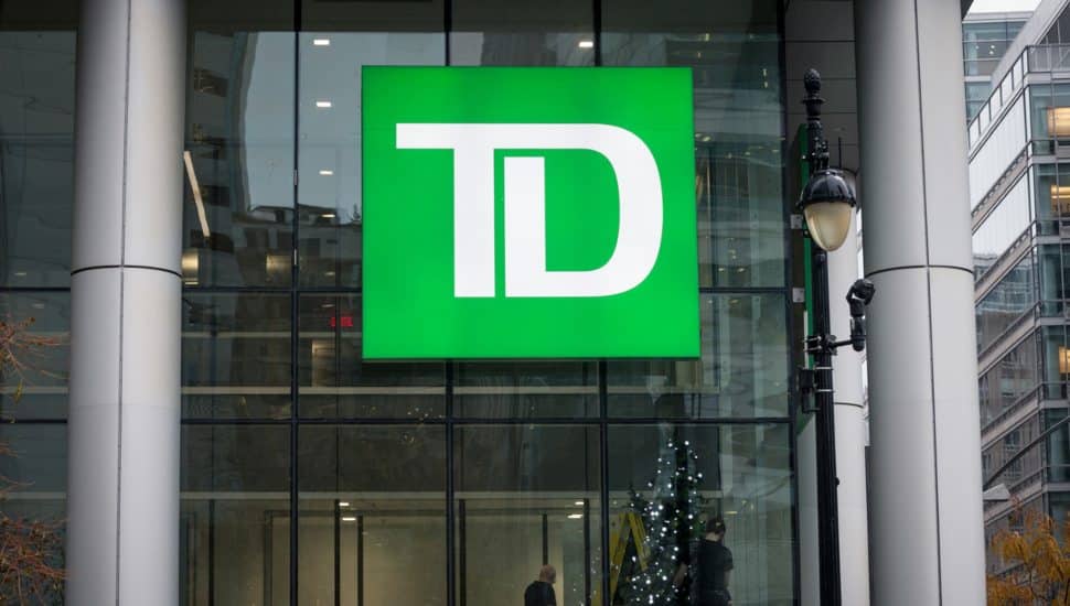 A TD Bank sign at the bank entrance.