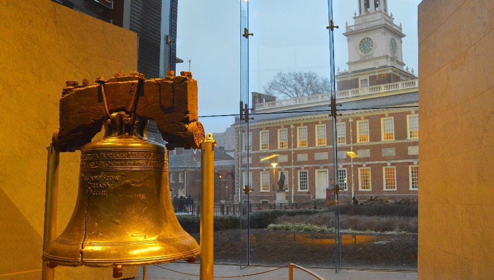 The Liberty Bell and Independence Hall.