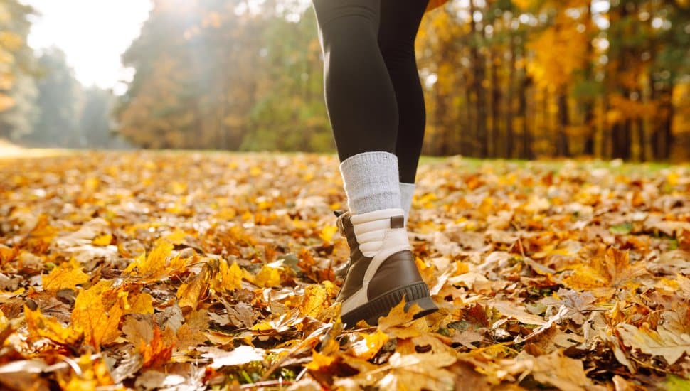 A person's feet shown walking on a leaf-covered trail in Autumn.