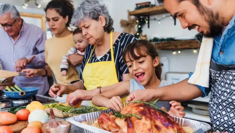 Multigenerational family preparing a meal together in the kitchen.