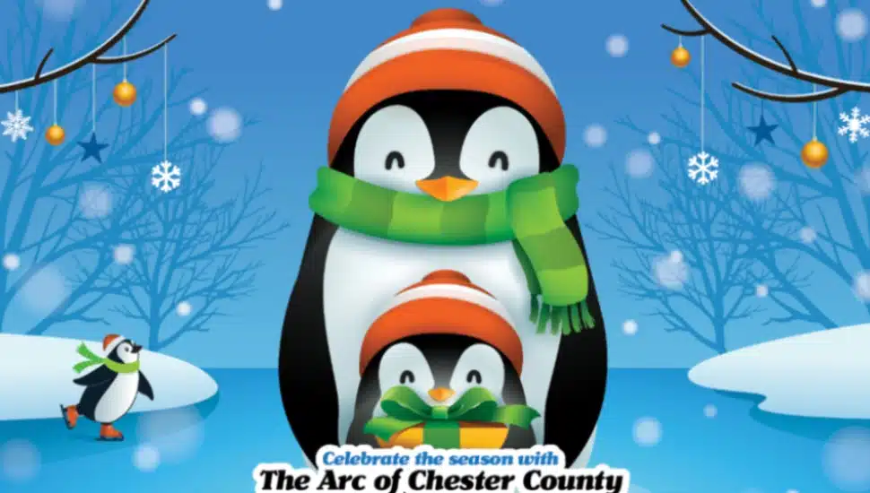 A poster from the Arc of Chester County showing a penquin in a scarf, cap and sweater outside in the snow promoting its Dec. 6 Holiday Fun Fest.