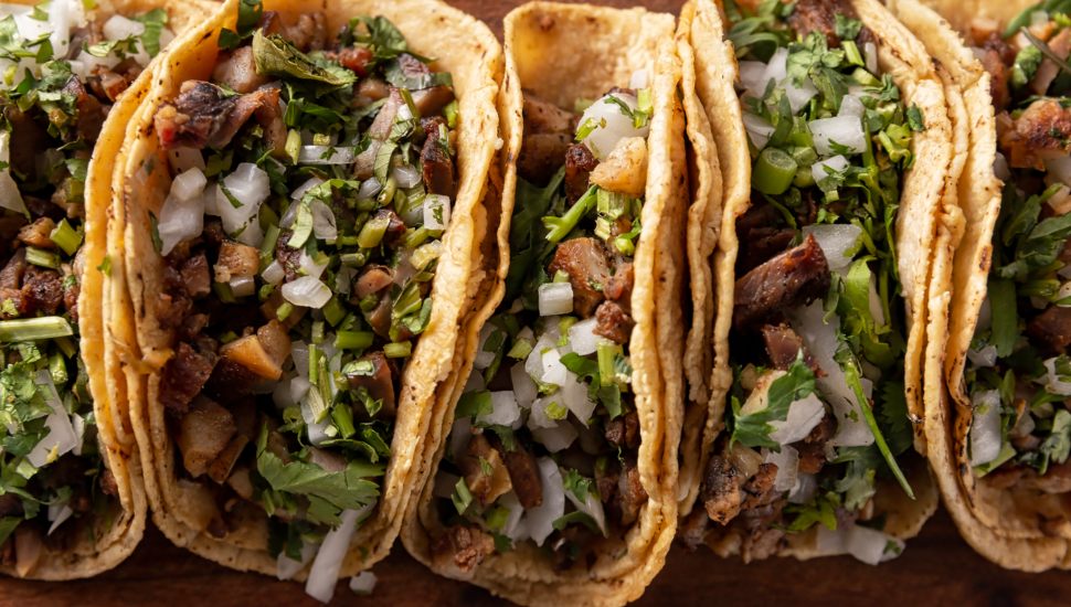 Three tacos lined up in a row.