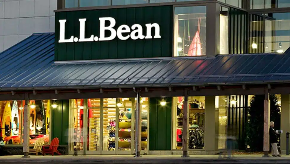 An L.L. Bean store at night.
