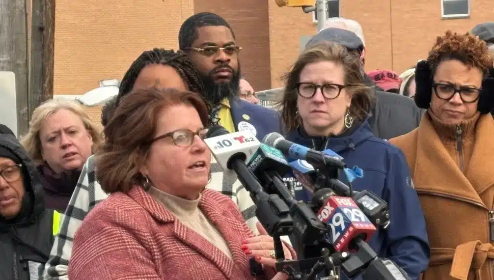 Peggy Malone, president of the Crozer-Chester Nurses Association, speaks at a gathering about the impact of the hospital closings on staff and patients.