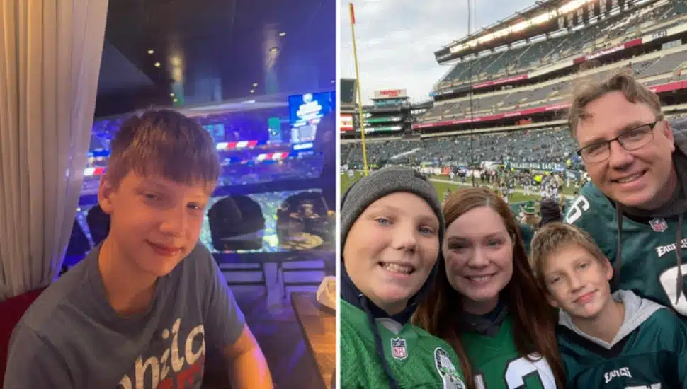 Drew Yantosh (left) Yantosh with his brother, mom, and dad at a game (right).