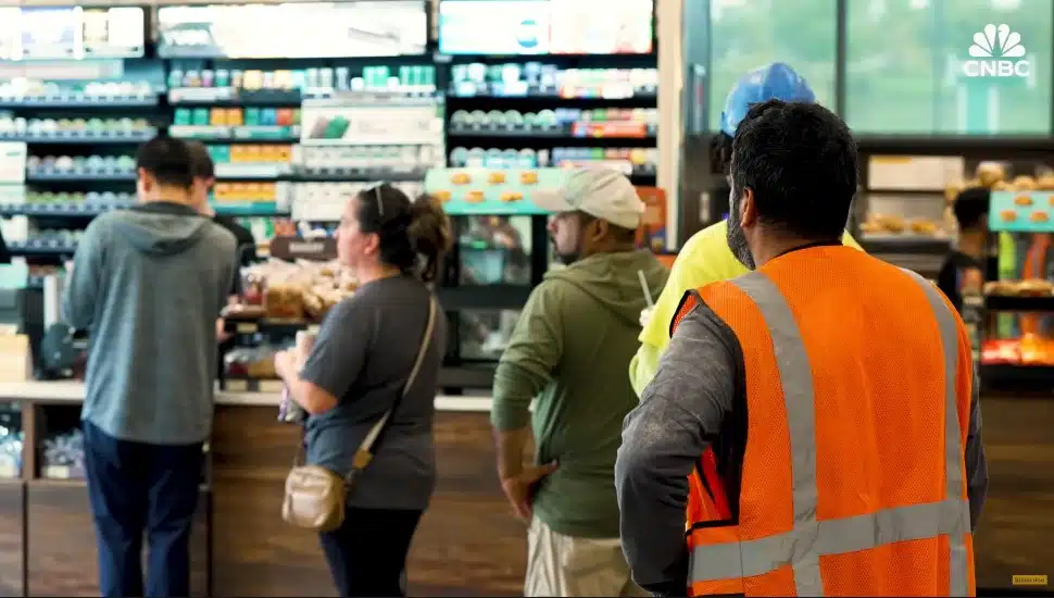 Five customers wait to be checked out at a Wawa store in Delaware County.