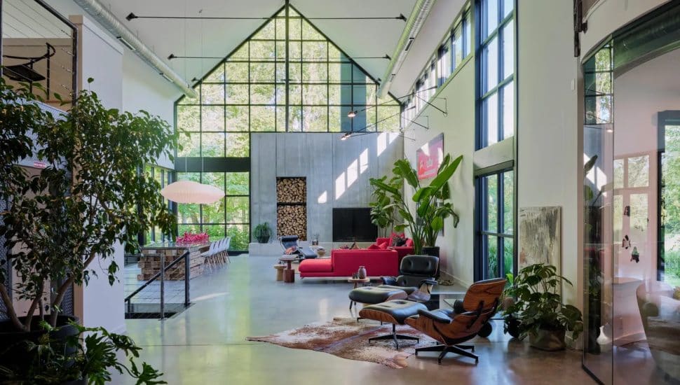 The furnished and decorated interior of the Glass Barn in New Hope.