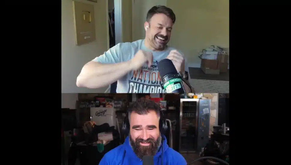 Travis Kelce (top) and Jason Kelce (bottom) talk about Jason Kelce's 30 day plan to dunk a basketball.