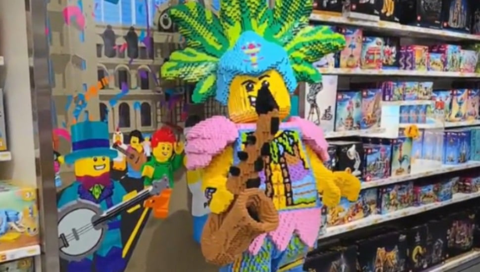 A Philadelphia Mummers sculpture at the new LEGO store now open at the Philadelphia International Airport.