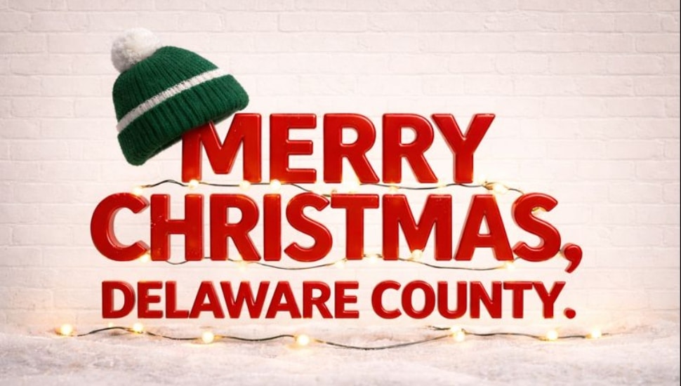 3D "MERRY CHRISTMAS" lettering with glossy red letters, adorned with a Eagles hat and festive string lights.