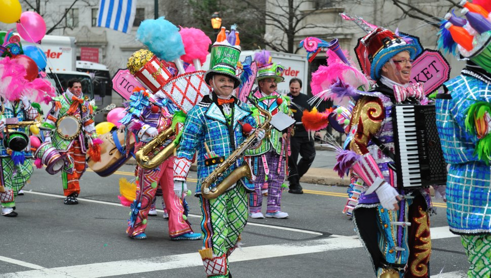 People of the String Band Division with showy costumes in the Mummers Parade.