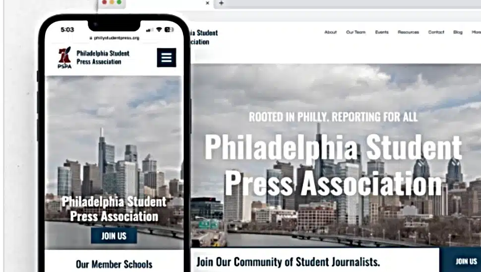 A screenshot of the home page of the Philadelphia Student Press Association.