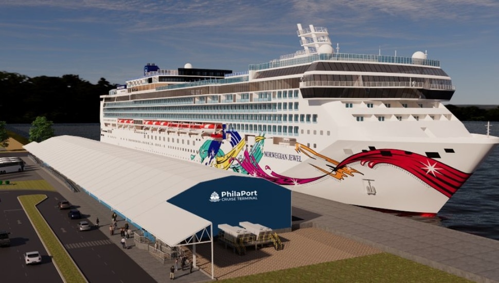 A rendering of the proposed Philaport cruise terminal with a cruise ship docked.