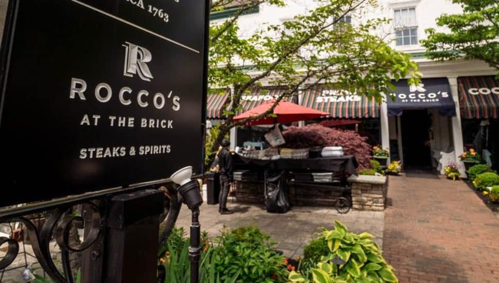 A sign for Roccos at the Brick at the outside entrance to Roccos.