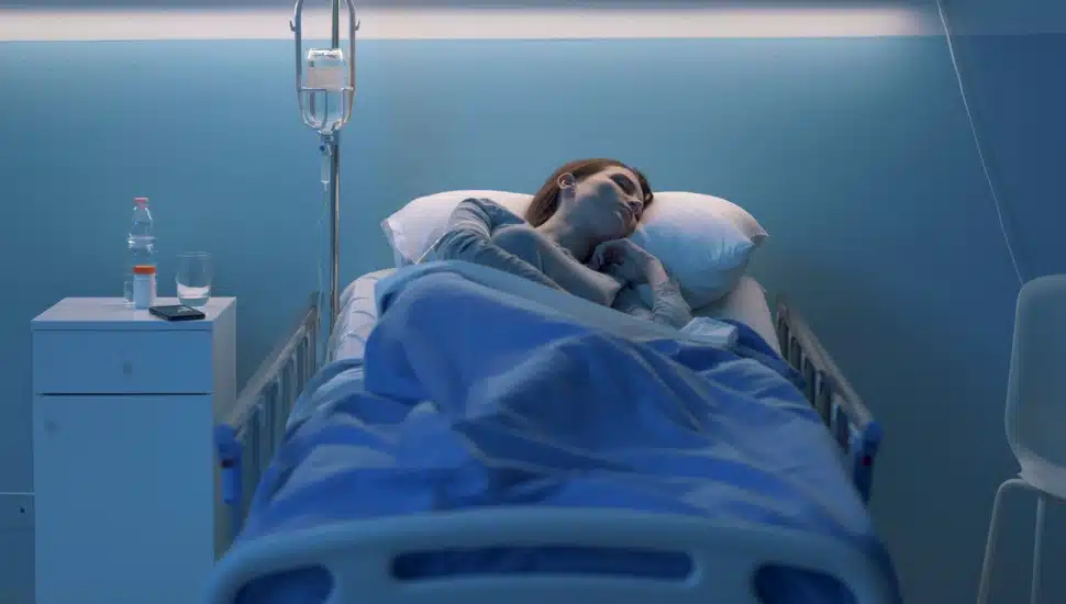 A young woman sleeps in a hospital bed at night.