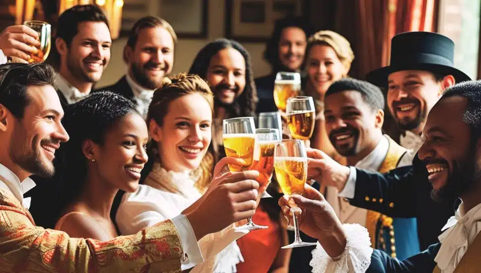 A group of people in historical outfits celebrate with a toast.
