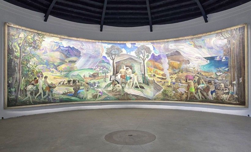 N.C. Wyeth’s mural, Apotheosis of the Family, in its new round barn home on Point Lookout Farm in Wilmington, Delaware.