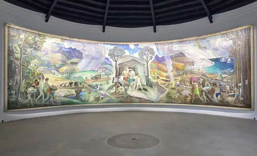 N.C. Wyeth’s mural, Apotheosis of the Family, in its new round barn home on Point Lookout Farm in Wilmington, Delaware.