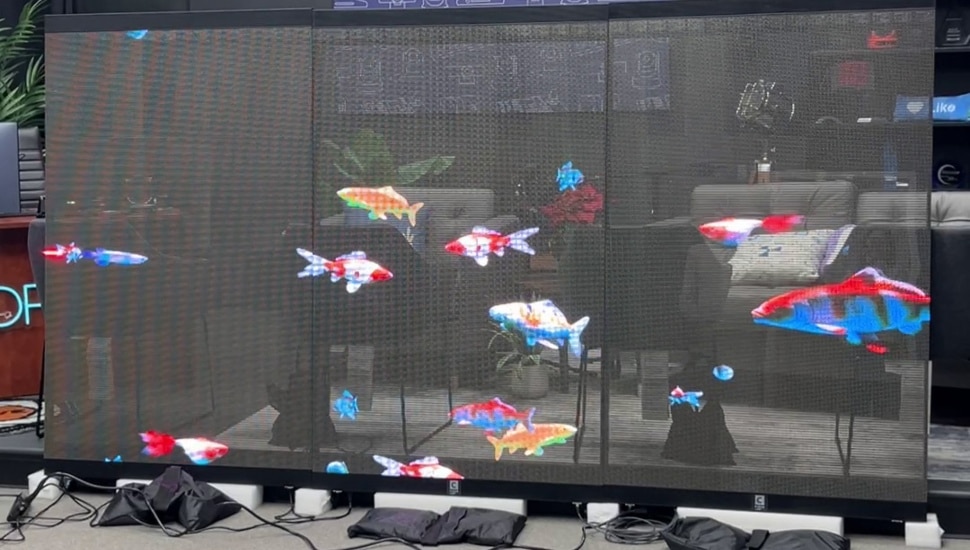Transparent video wall displaying an aquarium.