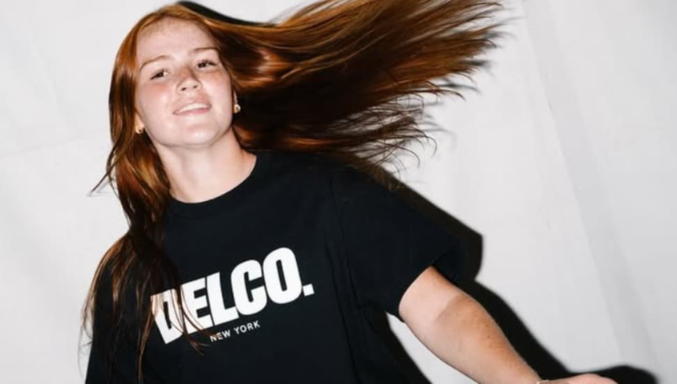 A model shows off a Delco, New York shirt.