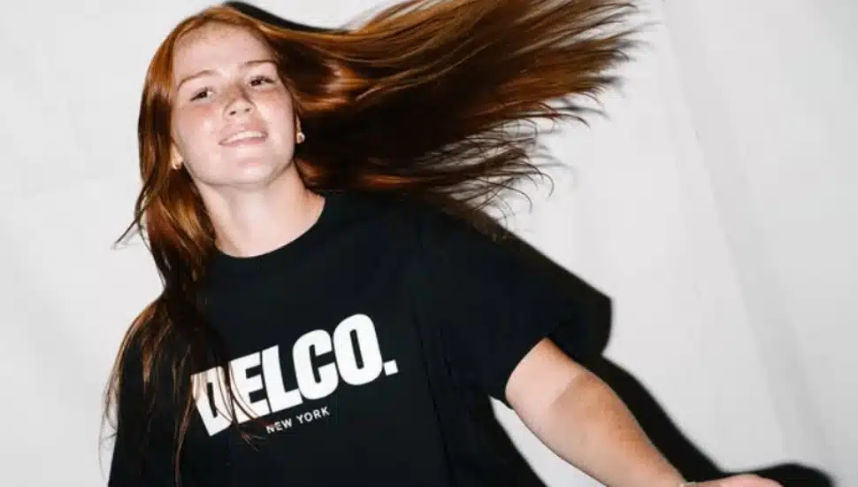A model shows off a Delco, New York shirt.