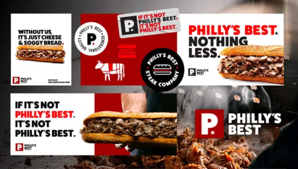 Photos of cheesesteaks and slogans from Philly's Best Steak Co.