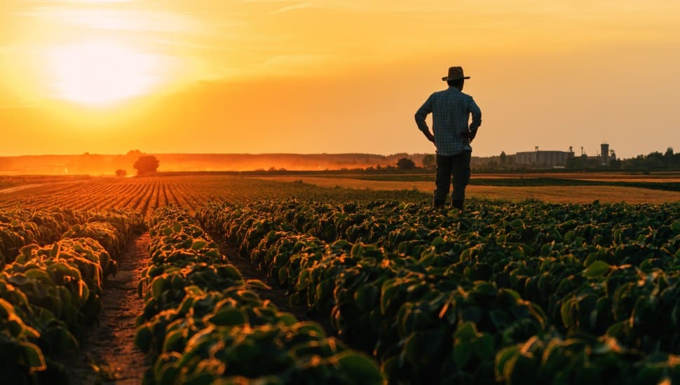 A farmer stands in his fields at sunrise.