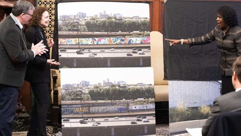 Philadelphia Mayor Cherelle Parker points to a rendering.
