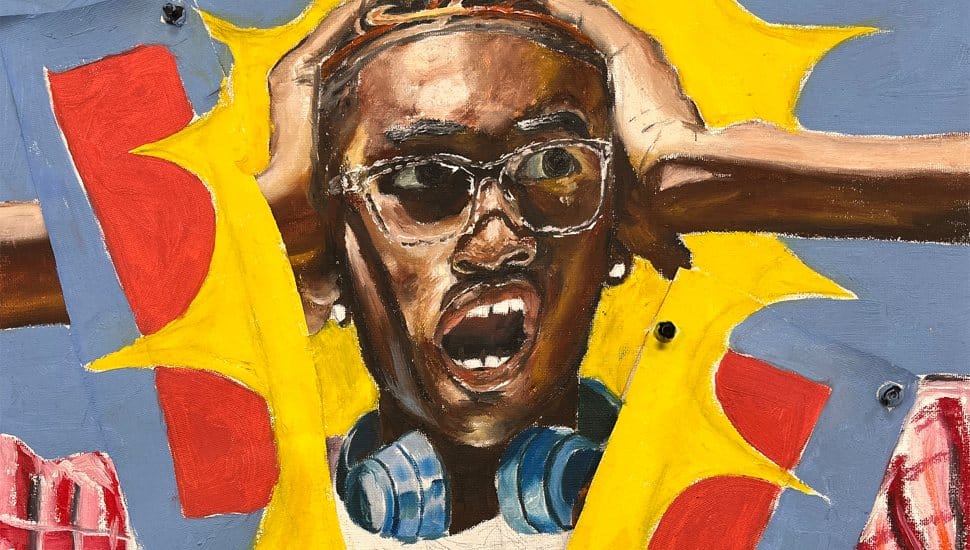 Painted portrait of a student wearing glasses and headphones, holding their head with an expressive, open-mouthed reaction, surrounded by bold yellow, red, and blue abstract shapes.