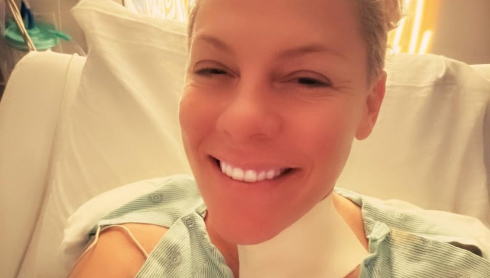 The musical artist Pink delivering a message from her hospital bed.