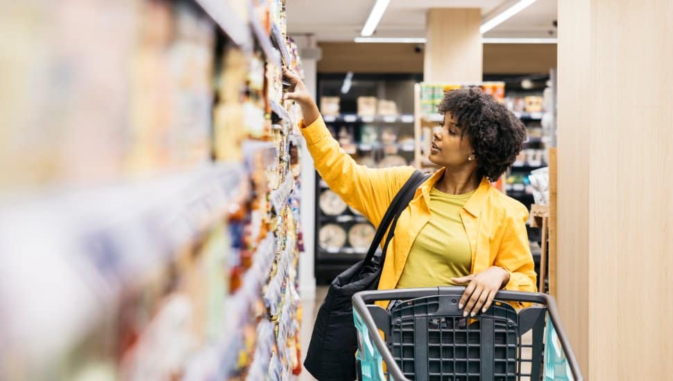 A woman with a cart doing some shopping.