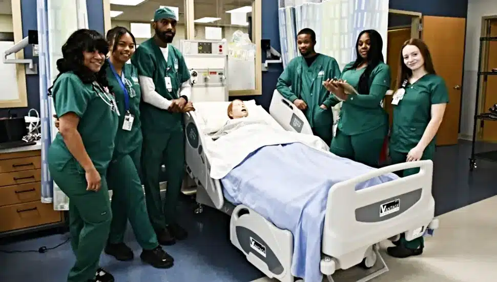 Nursing students gather in a simulation lab, part of the multi-million upgrades for the Delaware County Intermediate Unit's nursing program.
