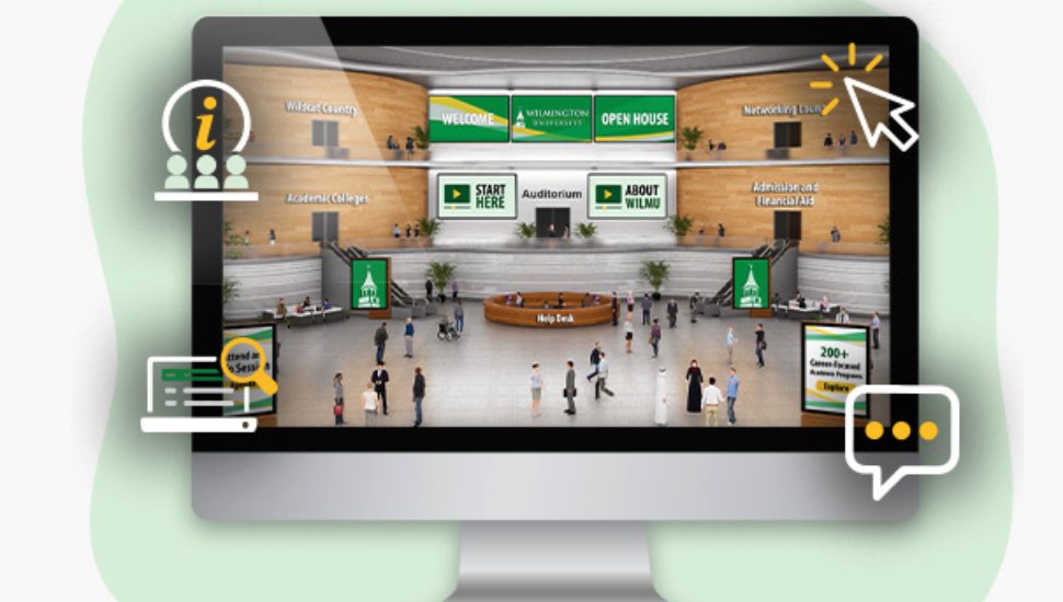 Screenshot of Wilmington University’s Virtual Open House online platform showing a virtual lobby with live chat, academic exhibits, and information booths.