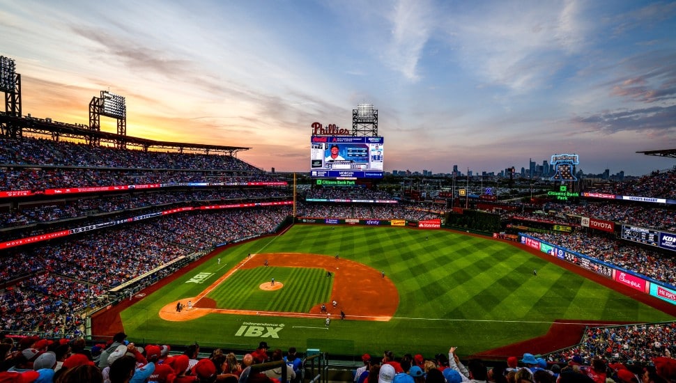 Citizens Bank Park at sunset.