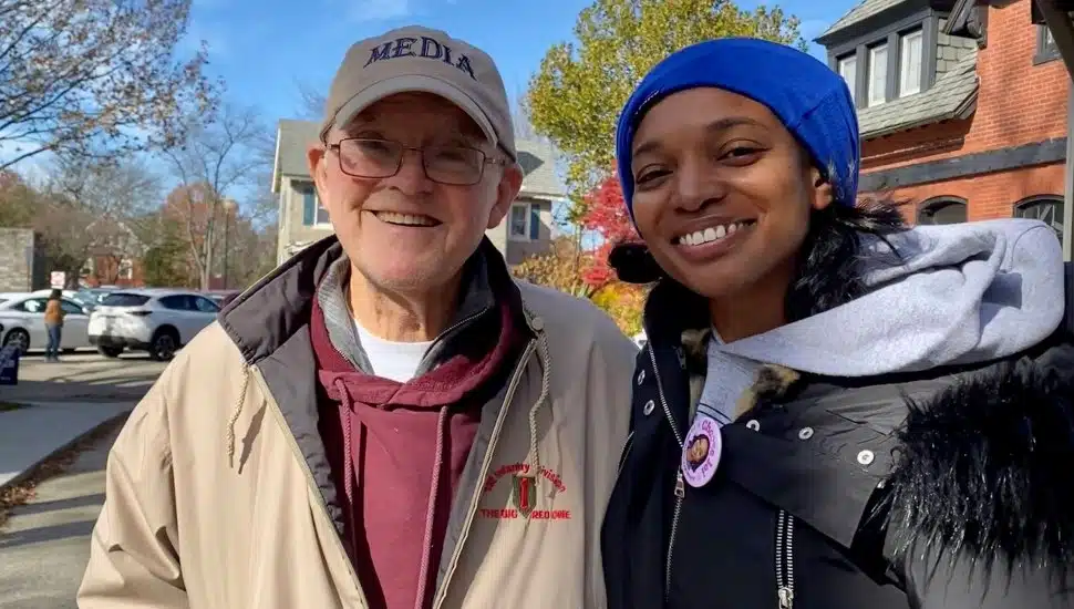 Media Borough Mayor Joi Washington stands with former Media mayor Bob McMahon.